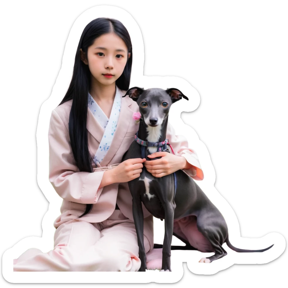 A young Chinese girl with long black hair and a dark grey Italian Greyhound with absolutely no white marks on its body or nose sitting under a cherry blossom tree sticker