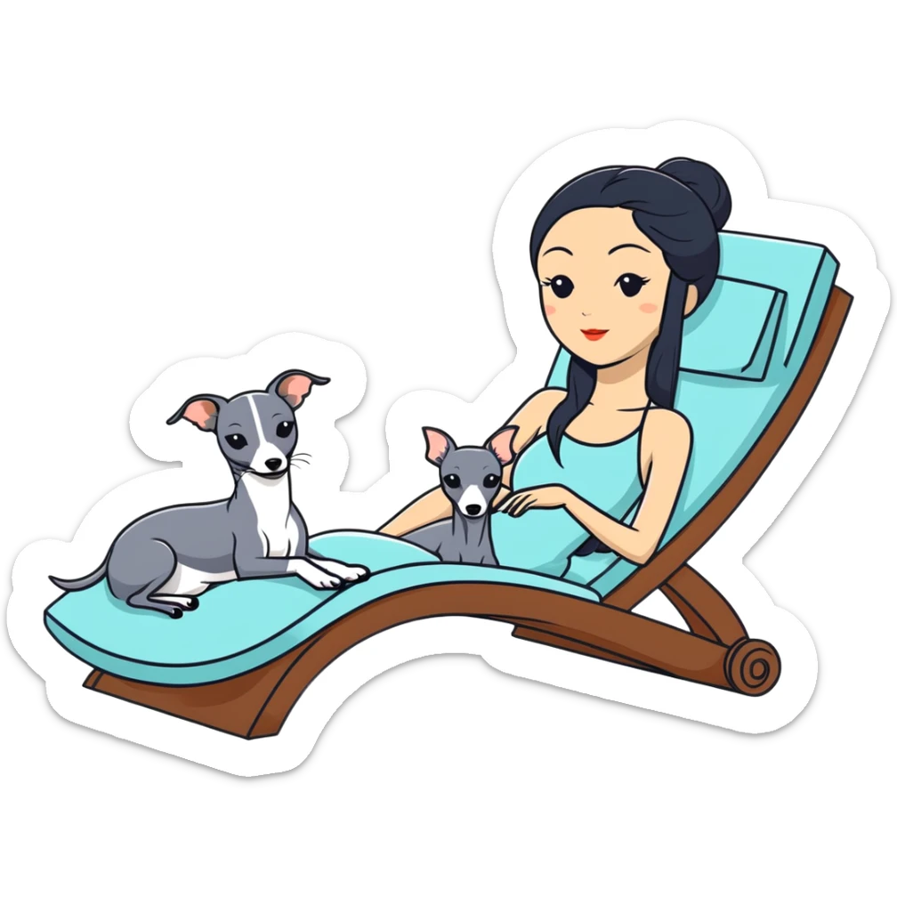 Very thin and slim Chinese woman with long black hair in elegant pool attire relaxing on a comfortable spa lounger at a luxury spa pool with only ONE Italian greyhound that is COMPLETELY solid dark grey with ABSOLUTELY ZERO white markings anywhere - 100% uniform dark grey color only - the single dog is relaxing on or beside the lounger sticker