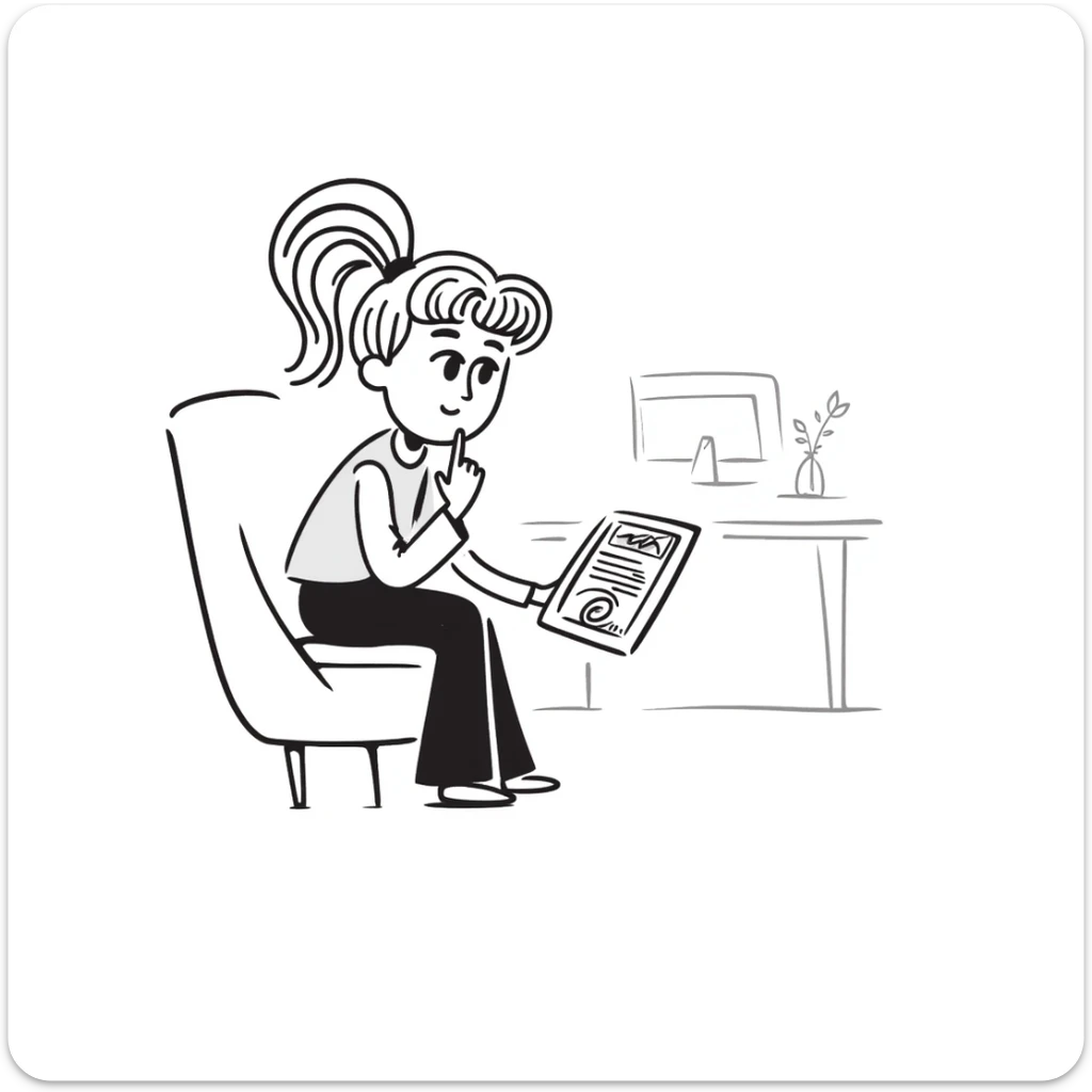 A thoughtful blonde physical therapist with finger on chin, wearing scrubs, looking contemplative while analyzing patient data sticker