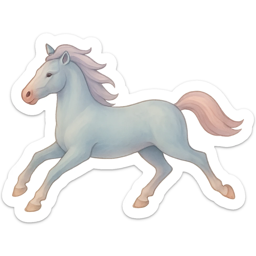 Edit the horse in Chinese eastern style with pastel palette #98B5BC, #B5B3C1, #C9A3C9, #E4C0CA, #F7DCD1, #F7C0AA. Use thin clean outlines, soft rounded shapes, detailed shadows and highlights, soft lighting, transparent background. Make it less cute and without decoration. First frame: original pose as in the reference image. sticker