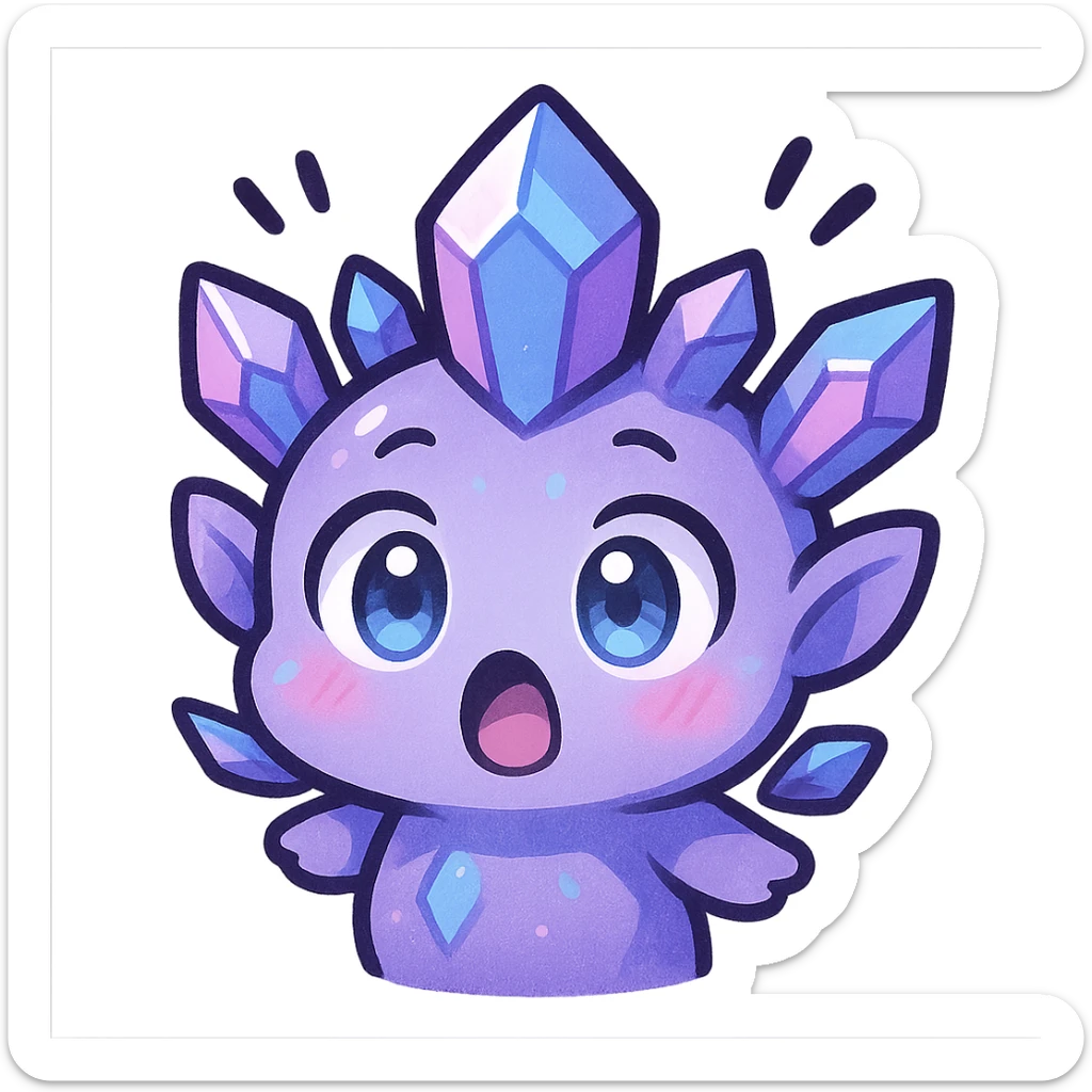 chibi kawaii style emote of a crystal sprite creature, colors purple blue and pink, surprised expression sticker