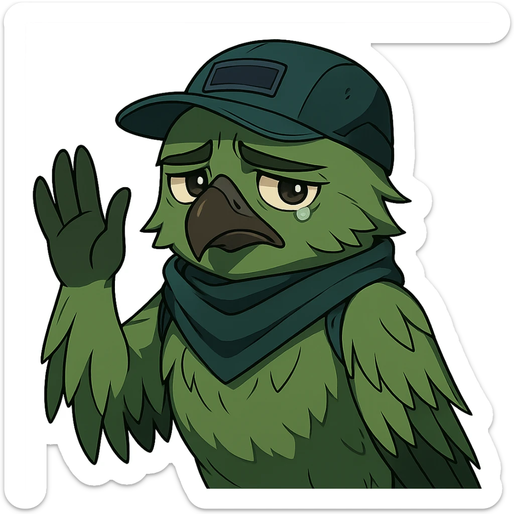anime style green bird inspired by Valorant agent Falko, waving and looking sad sticker
