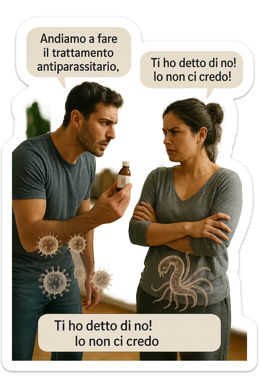 A highly realistic, cinematic photo of a young couple in their early 30s having an argument in a bright modern kitchen. The man, athletic build, wearing a casual T-shirt and jeans, is speaking firmly with a raised hand holding a small amber glass bottle labeled with a subtle herbal symbol, saying 'Andiamo a fare il trattamento antiparassitario' with a determined expression. The woman, with long dark hair tied in a messy bun, casual home outfit, crosses her arms with an angry, defensive expression, replying 'Ti ho detto di no! Io non ci credo!' while slightly turning away. Tension is visible in their body language, with the man leaning forward trying to explain and the woman leaning back, her eyebrows furrowed. Around them, subtle ghostly overlays of microscopic parasites are faintly visible near their abdominal areas, symbolizing the hidden reason for the argument. The kitchen is bright and modern with plants and natural light, contrasting the emotional tension. The style is hyperrealistic with warm tones and shallow depth of field focusing on their facial expressions, illustrating the conflict between belief in natural treatments and skepticism within the couple regarding hidden parasitic infections. in italiano sticker