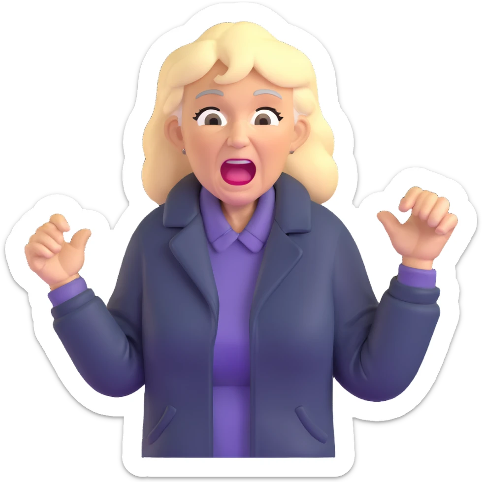 mean Karen, old yelling lady with blonde hair and a jacket sticker