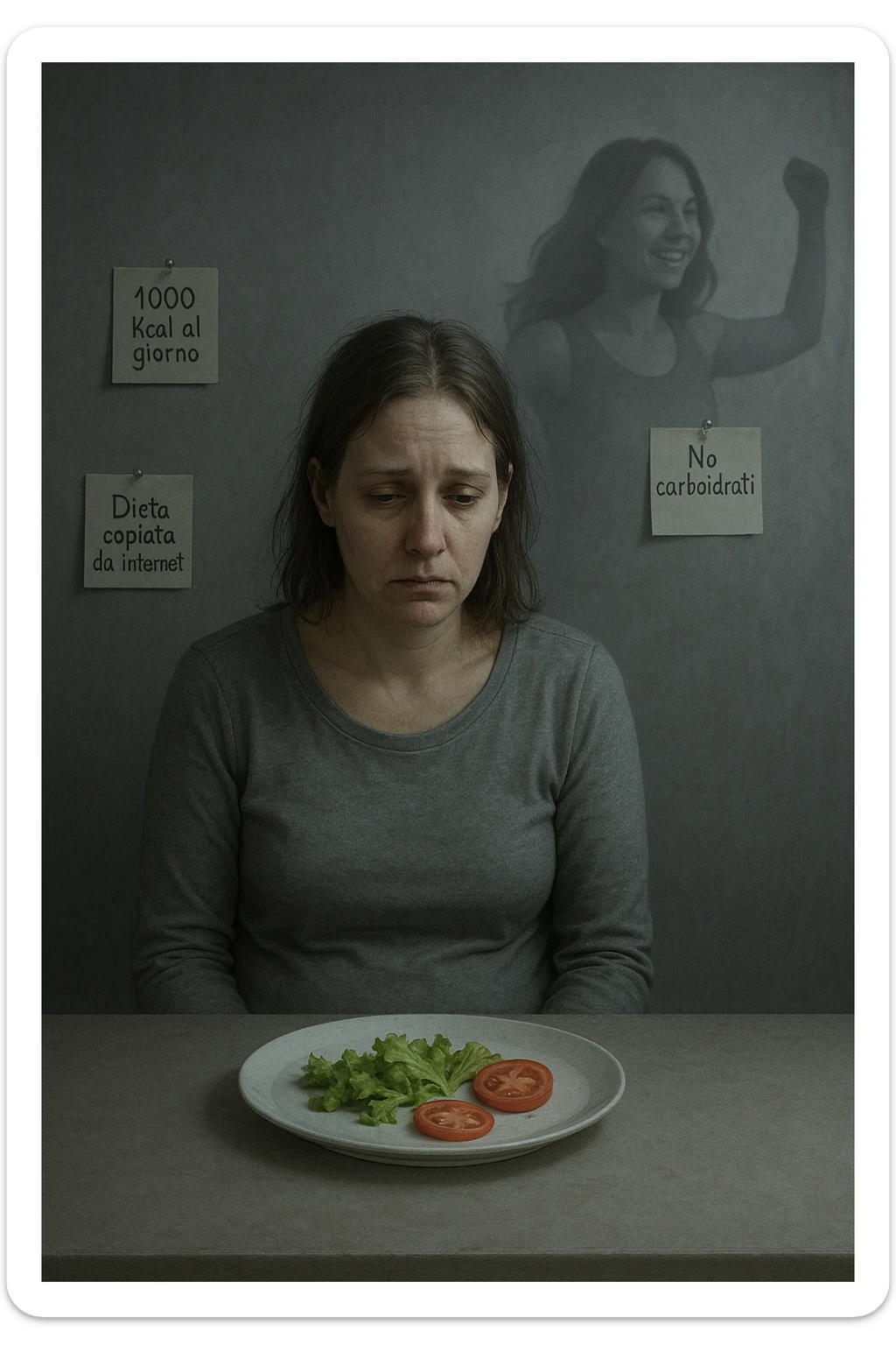 Donna tra i 30 e i 40 anni seduta a tavola, davanti a un piatto quasi vuoto con solo insalata e due fette di pomodoro. Il suo volto è visibilmente triste, stanco, con occhi spenti. Intorno a lei, foglietti attaccati con scritte come '1000 kcal al giorno', 'No carboidrati', 'Dieta copiata da internet'. L’atmosfera è fredda, grigia, priva di energia. Il suo corpo appare spento e scarico. Sullo sfondo, la sagoma di sé stessa più felice e piena di vitalità, come ricordo di un approccio migliore mai seguito. Stile realistico e simbolico sticker
