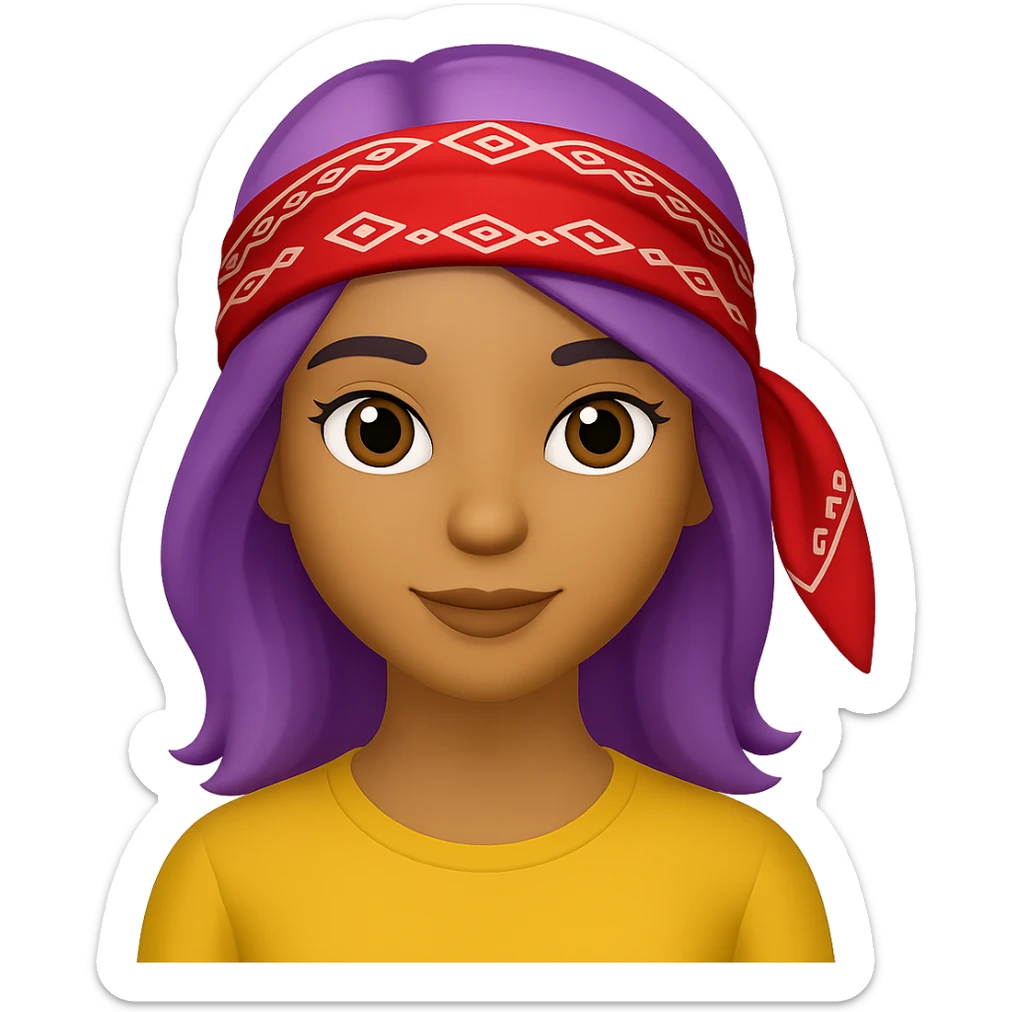 Create an image of a woman with a bandana and purple hair in the style of Apple emojis, with no background. The style should mimic the look of Apple emojis. sticker