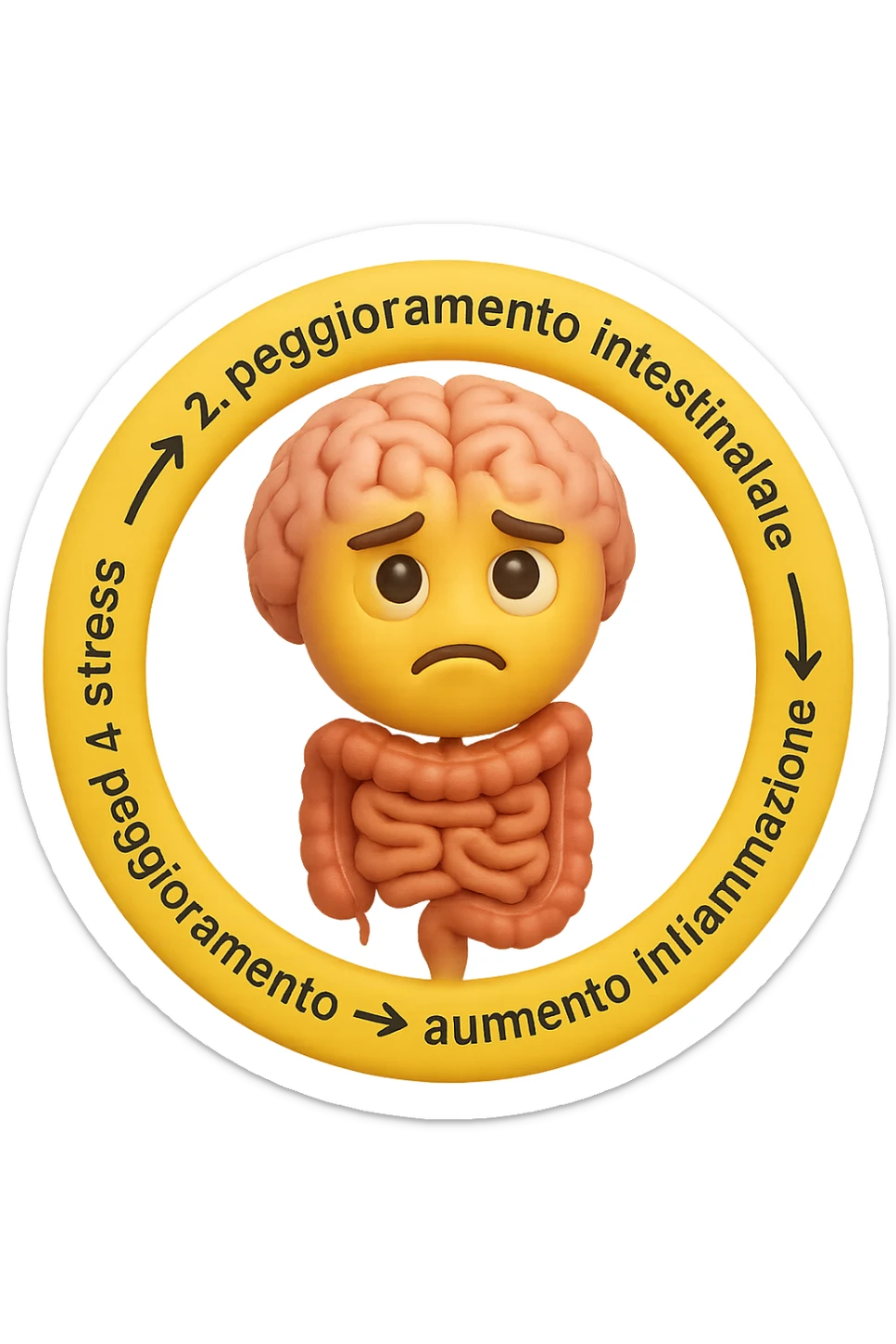 EMOJI STILE IPHONE 3D DI un cerchio con queste scritte che girano intorno in ordine per come li ho scritti "1. stress → 2. peggioramento intestinale → 3. aumento infiammazione → 4. peggioramento sintomi intestinali e sistemici." al centro del cerchio metti un cervello e intestino umani collegati verticalmente con espressione dubbiosa in volto, FALLO MOLTO REALISTICO IN 3D sticker