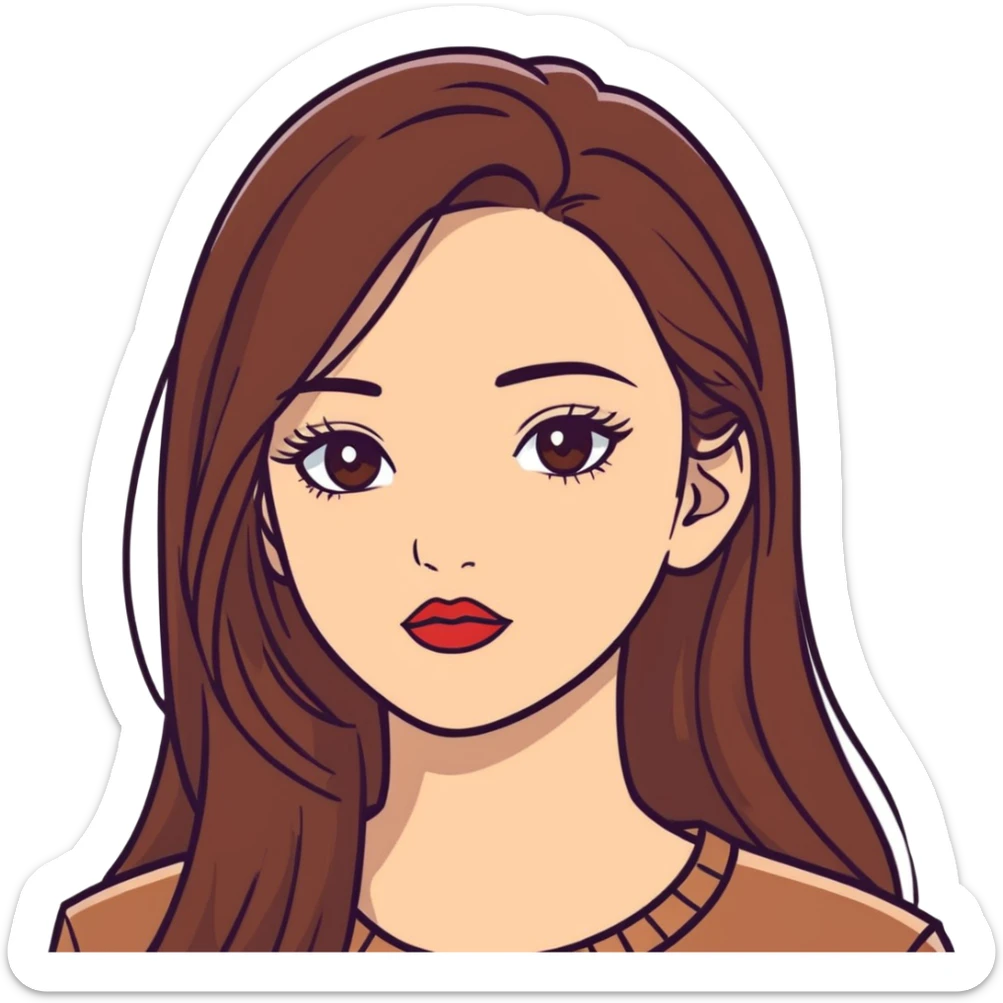 In stile emoji iOS 18 crea una ragazza con gli occhi marroni le ciglia lunghe il rossetto e i capelli lunghi marroni sticker