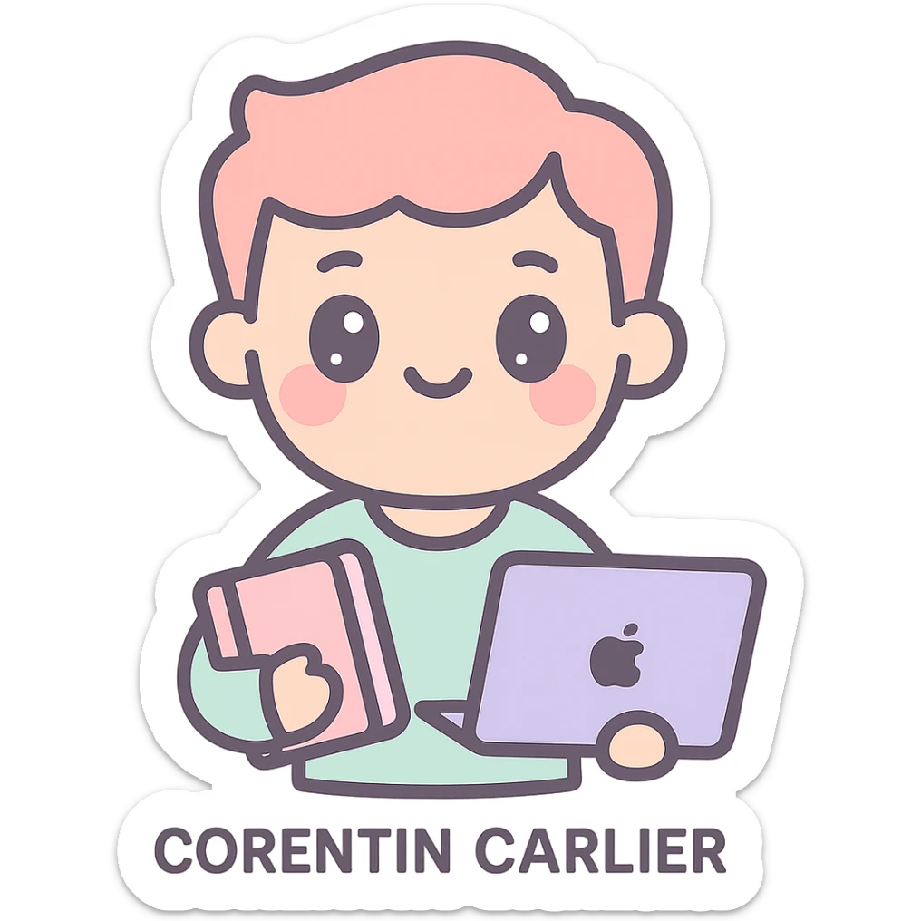 Corentin Carlier in kawaii style, smiling, with a book and a laptop sticker