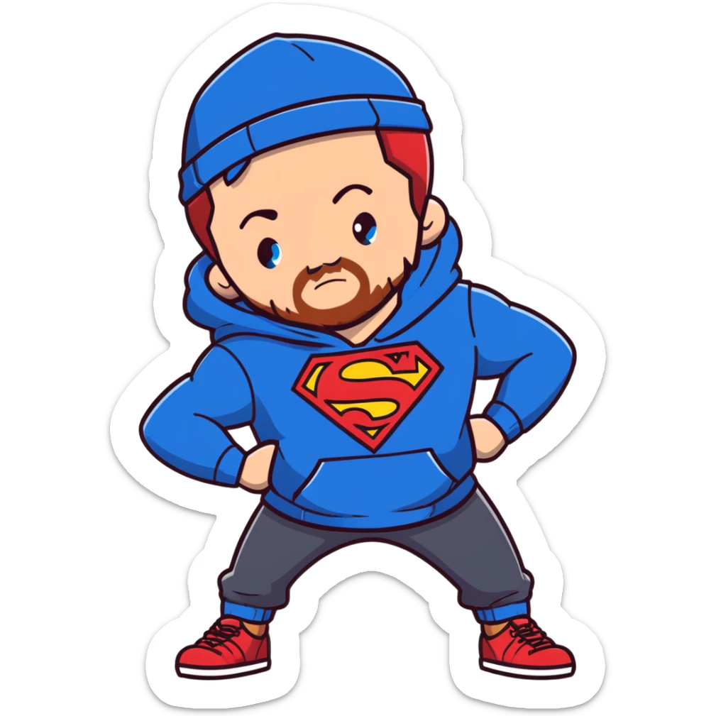 Full body Adult male with blue eyes and redish messy hair and trimmed facial hair wearing a blue superman hoodie and a black hat backwards sticker