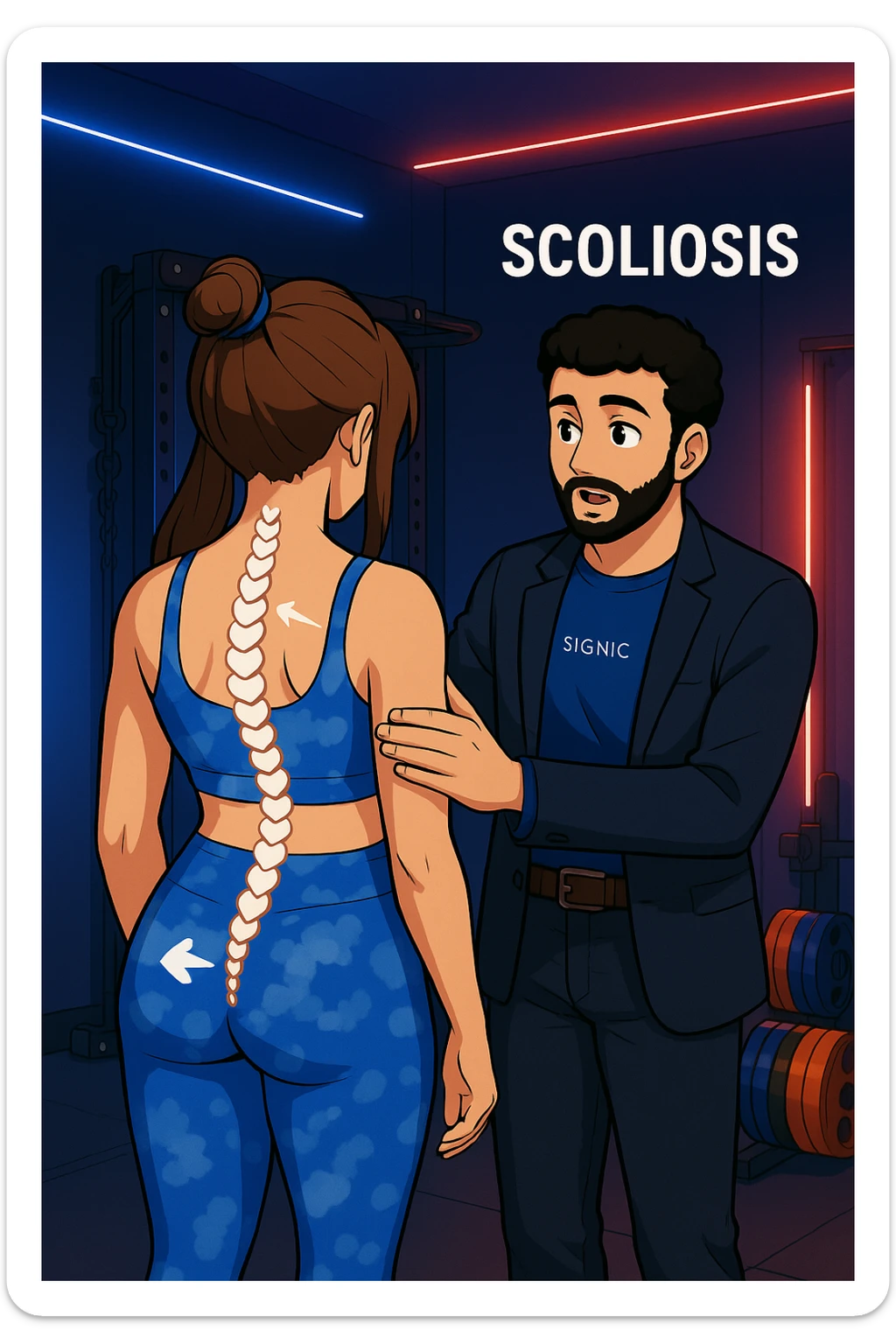 ispirati a questo stile di disegno e fai questa immagine in versione manga/webtoon a colori, il manga mostra la donna di spalle, mentre l'uomo le tocca la spina dorsale per spiegarle come funziona la scoliosi:
Con una scoliosi il baricentro corporeo cade maggiormente da un lato; per non cadere la schiena compensa accumulando tensione sul fianco opposto.
Il risultato? Si inclina e ruota sempre più, fino a che non cede (discopatie, artrosi, ecc) sticker