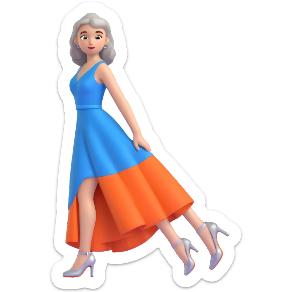 girl with big feet wearing silver heels and a big blue-grey prom dress sticker