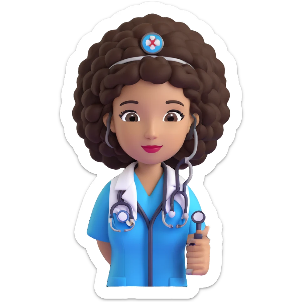 afro latina nurse with curly hair wearing medical uniform and stethoscope sticker