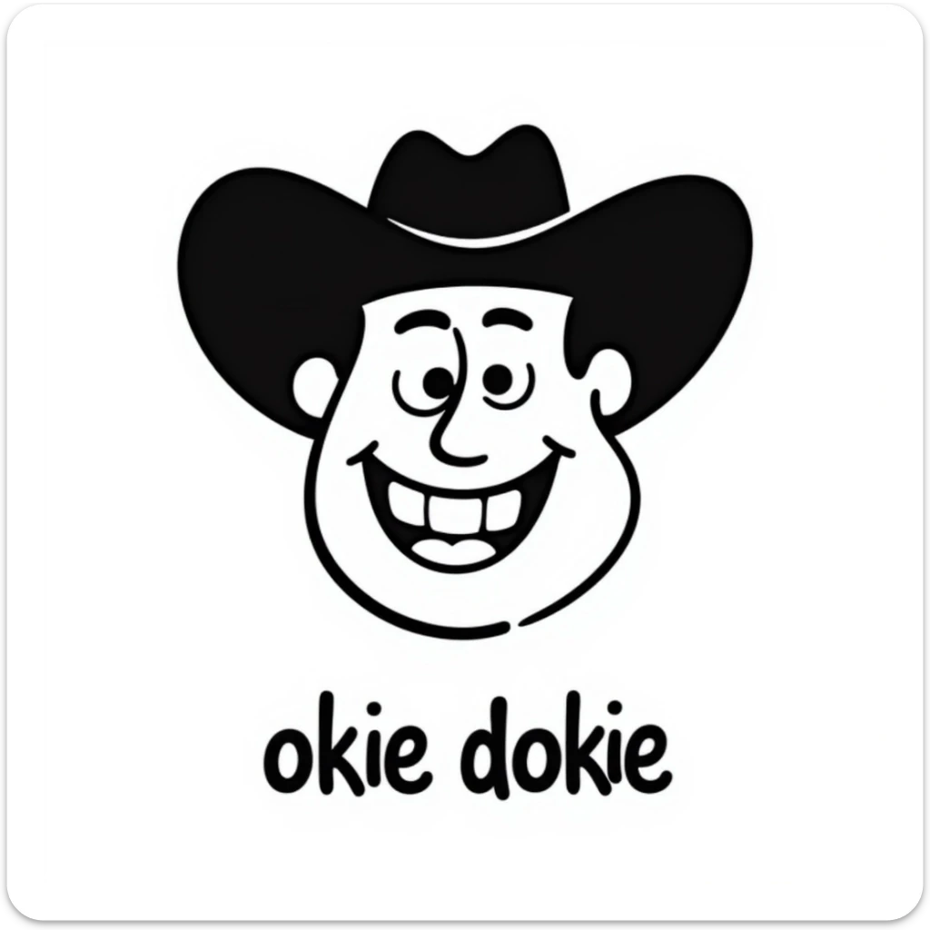cartoon cowboy face with a wide grin, wearing a classic cowboy hat, and the words 'okie dokie' below sticker