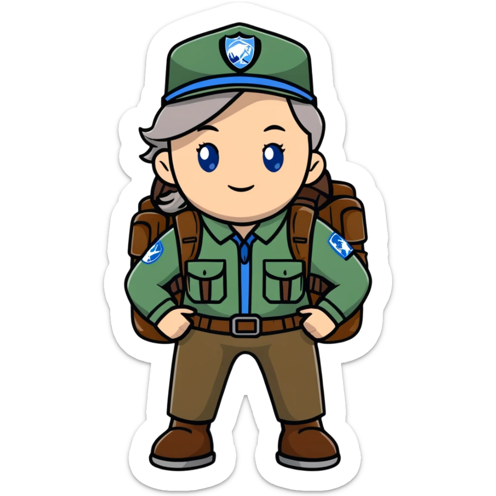 white woman park ranger with gray and brown hair, blue eyes, wearing a backpack sticker