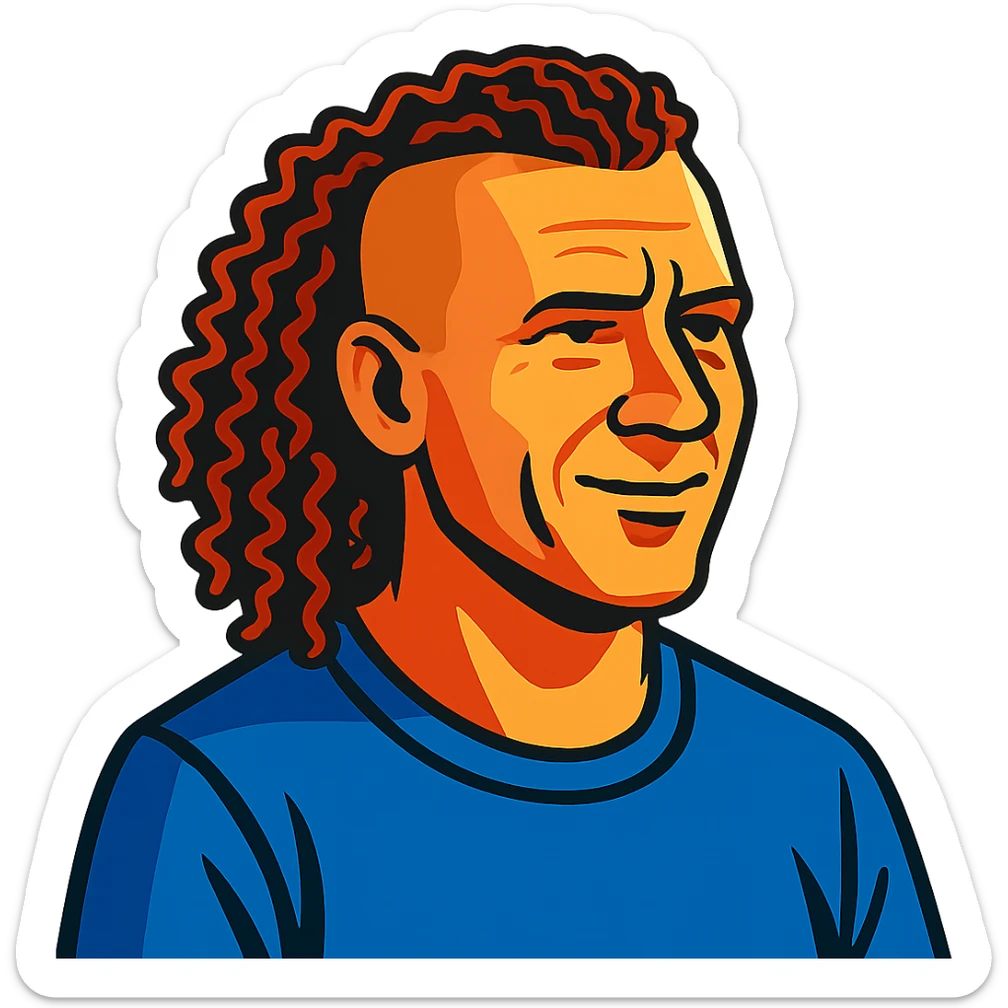 white man in his 40s with long tight curly hair and short sides sticker