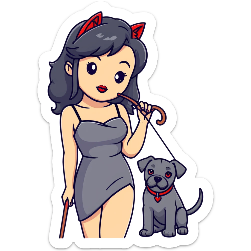 Fashionable woman in sling dress with long black hair, big red lips, and Cane Corso dog ears and short tail sticker