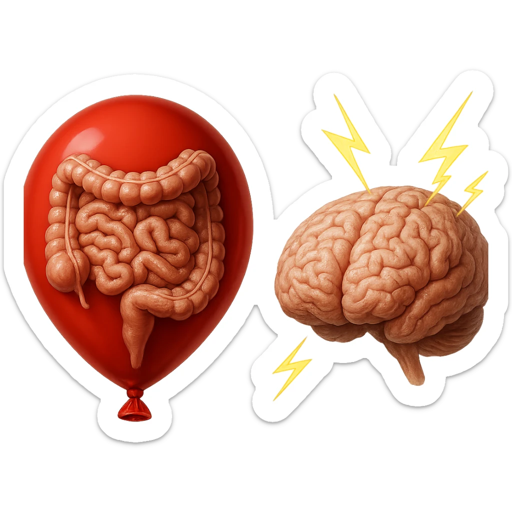 intestino umano anatomico chiuso in un palloncino rosso che simboleggia gonfiore, accanto un cervello anatomico con fulmini vicino che simboleggiano "stress", iperrealistico 4k sticker