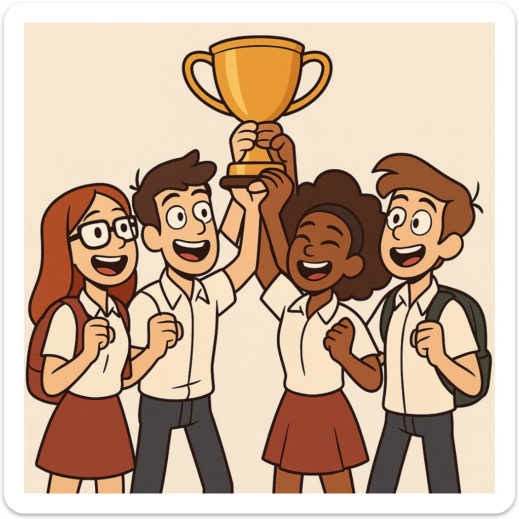 quatre étudiants, deux garçons et deux filles, lèvent un trophée en équipe, cartoon moderne, fond clair sticker