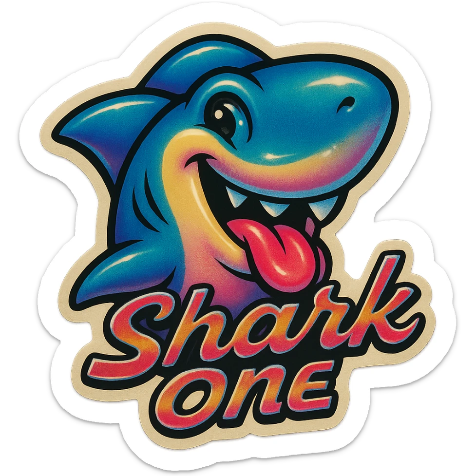 Smiling with tongue sticking out
Add the words Shark One sticker