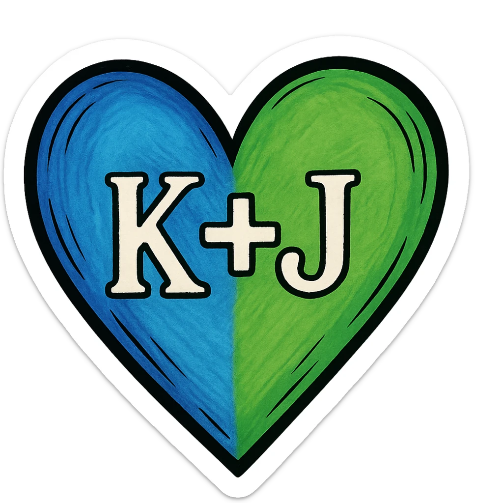 illustrative style blue and green heart with the letters K+J in the center, transparent background sticker