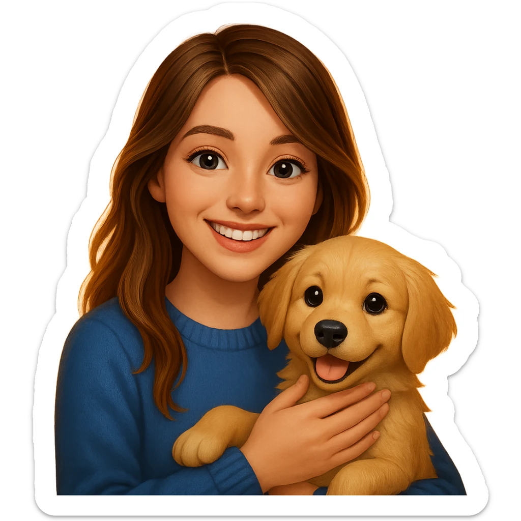 Create an emoji style image of a 20-year-old dirty blonde woman with brown highlights in her long hair and dark blue eyes, petting an English cream golden retriever. The background is a warm sunset, and the atmosphere is cheerful. sticker