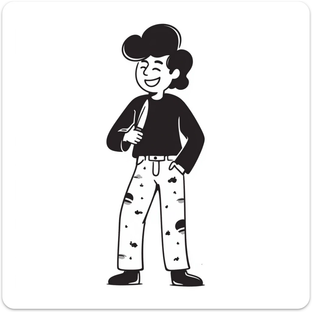 hand-drawn sketch of a savage person in 1988 outfit with mullet hair, acid wash jeans, holding knife, laughing crazily sticker