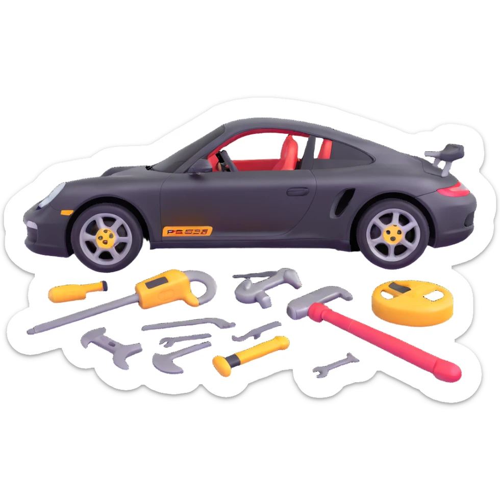 icon of a Porsche luxury car with a clearly visible dent or damage on the bodywork, with bodywork reconstruction tools like a lever, small hammer, and repair equipment positioned to show active repair, elegant and modern sticker