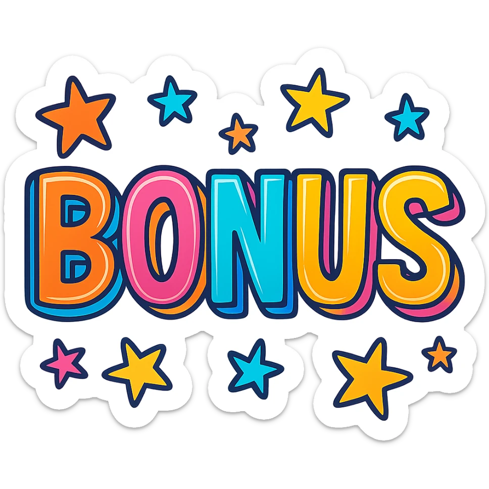 the word BONUS in large, eye-catching neon retro style letters surrounded by stars, no background or sign behind, just the letters and stars sticker