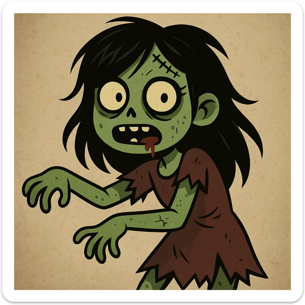 zombie girl, black hair, cartoon style, greenish skin sticker