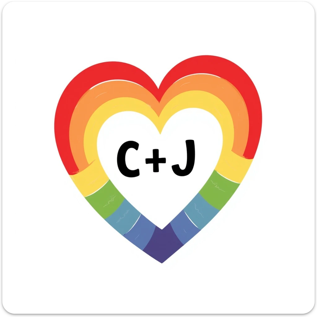 hand-drawn style rainbow heart with 'C+J' written in the middle, casual and friendly look sticker