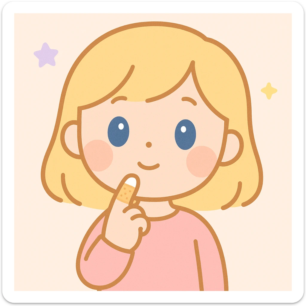 blonde-haired, blue-eyed, fair-skinned girl with a bandaged index finger, placing her bandaged index finger on her chin and thinking, cute expressive style sticker