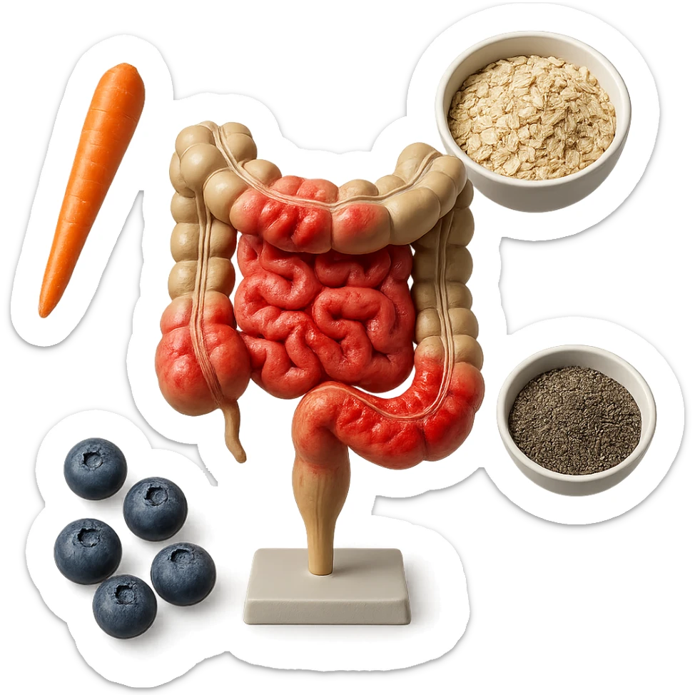 intestino umano anatomico infiammato al centro con carota, bowl di avena, mirtilli, bowl di semi di chia che gli fluttuano intorno , iperrealistico 4k sticker