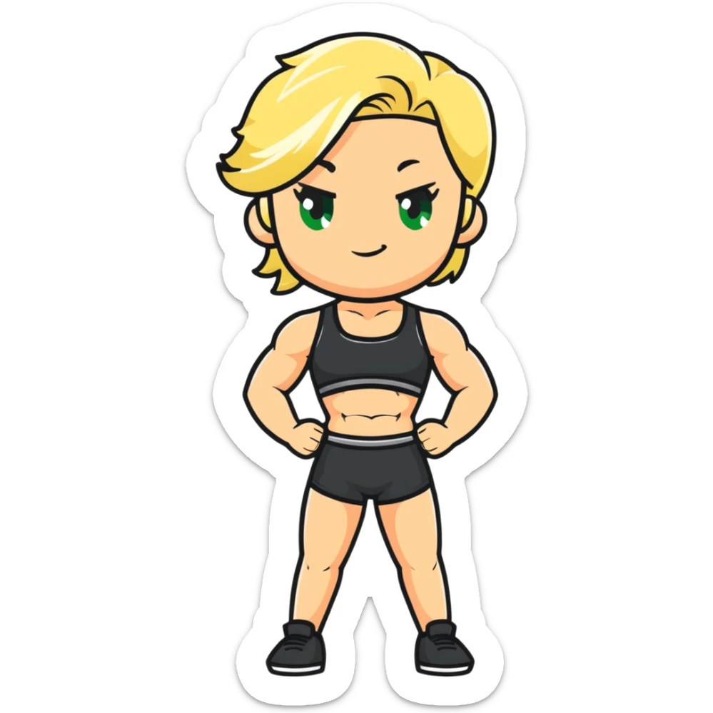 full body pose of a muscular white girl with blonde hair and green eyes, flexing 6 pack abs and one arm bicep sticker