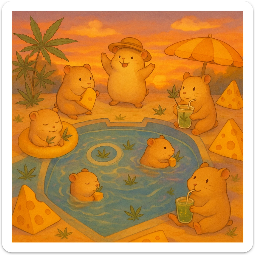Add a dreamy sunset background with soft orange, pink, and purple hues behind the pool party scene. Maintain the Ghibli style with a nostalgic, fun, and inviting summer party vibe, including THC/weed/cheese theme elements. sticker