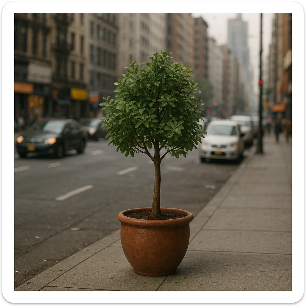 a small tree in a pot, placed on a sidewalk near a busy street, with a sense of solitude and urban busyness, detailed urban background, realistic style sticker