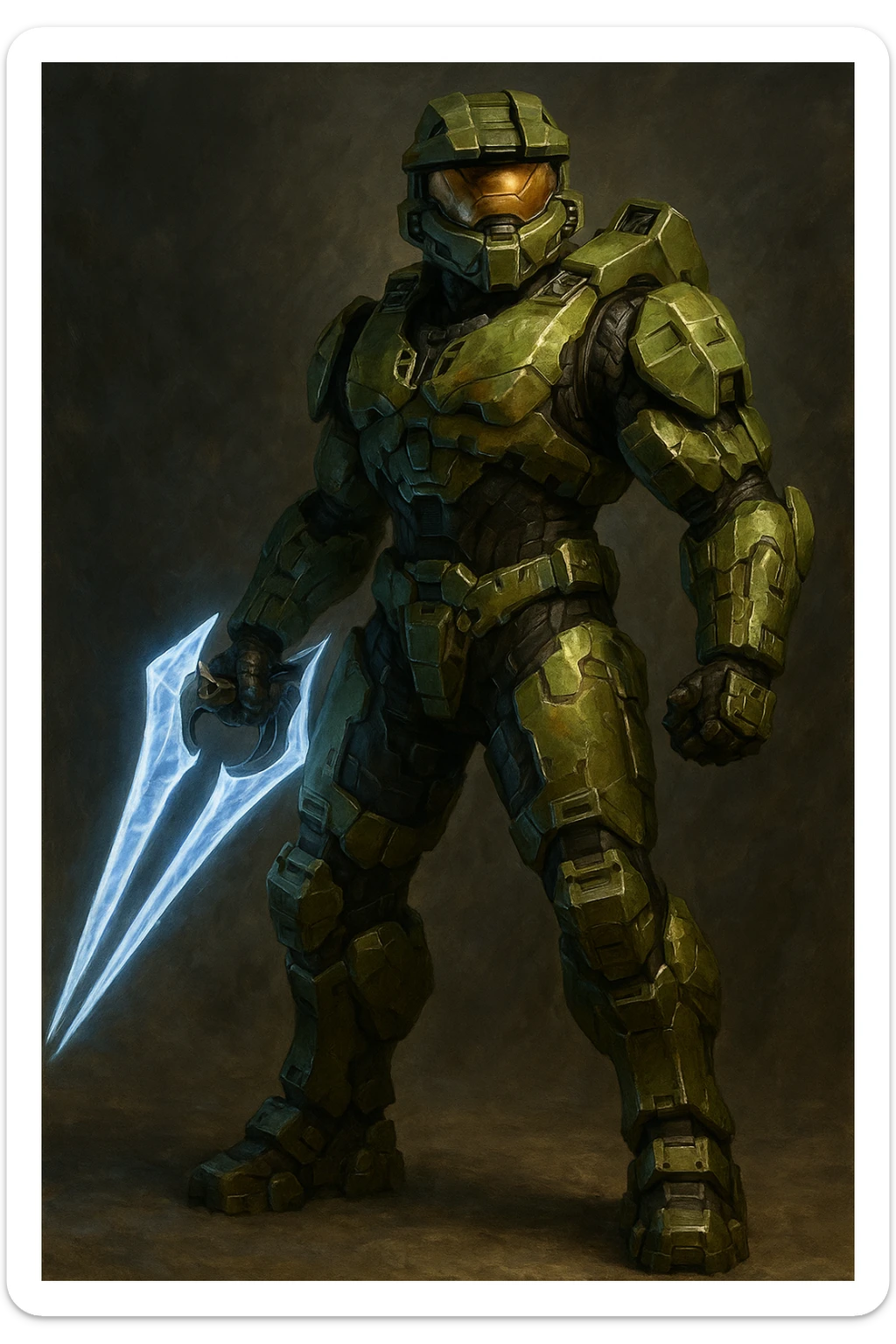 Master Chief from Halo, holding an energy sword, futuristic armor, green and gold accents, heroic stance sticker