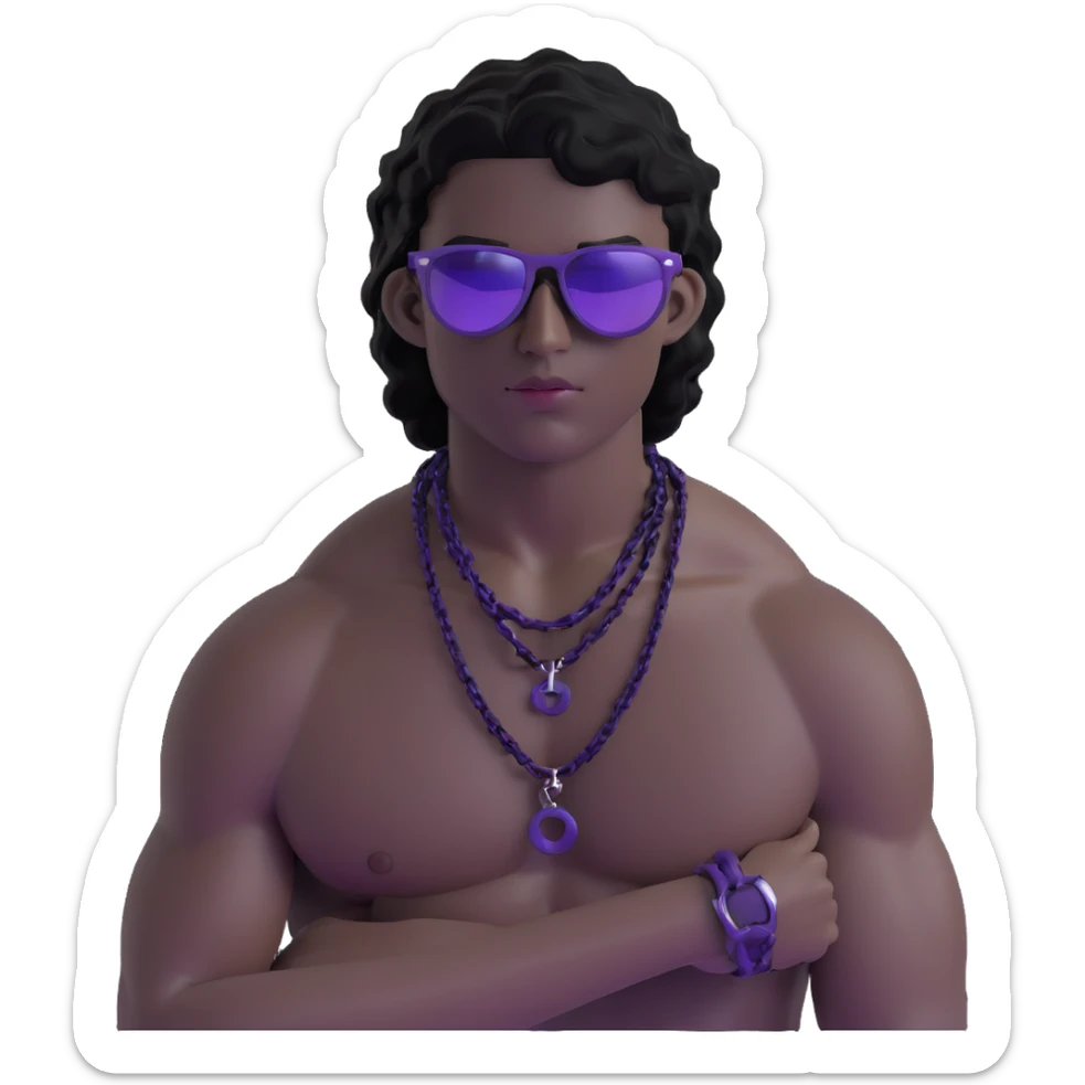 shirtless male athlete with white skin and moderately curly black hair on top with shaved sides, wearing purple sunglasses with very dark heavily tinted black lenses that completely hide the eyes, and a plain black chain necklace sticker