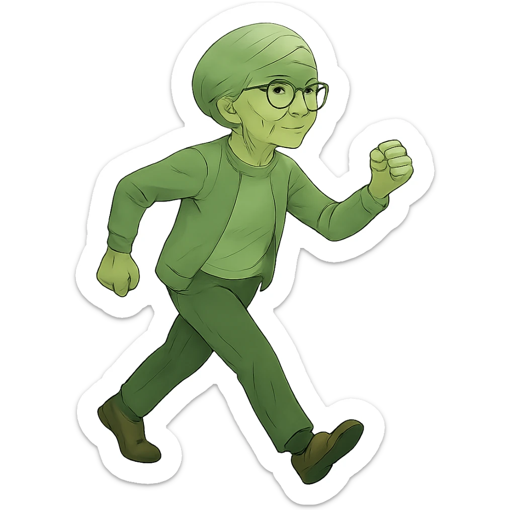 Change the walking pose of the elderly woman with short hair to a brisk walk. Keep the bufo style look in mind while editing. sticker