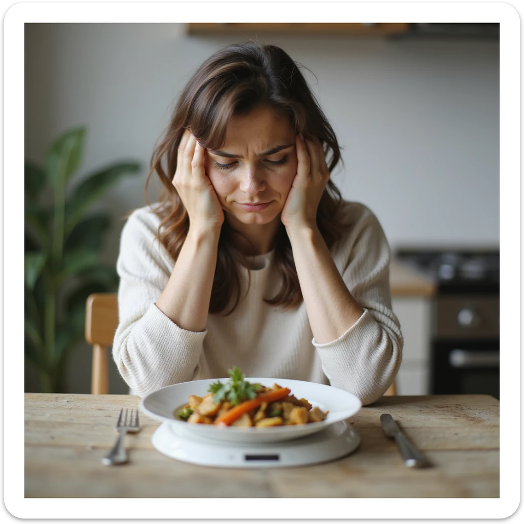 adult woman, photorealistic, diet not working, frustrated expression, sitting at table with food scale and healthy food, looking at plate with disappointment, natural light, kitchen background sticker