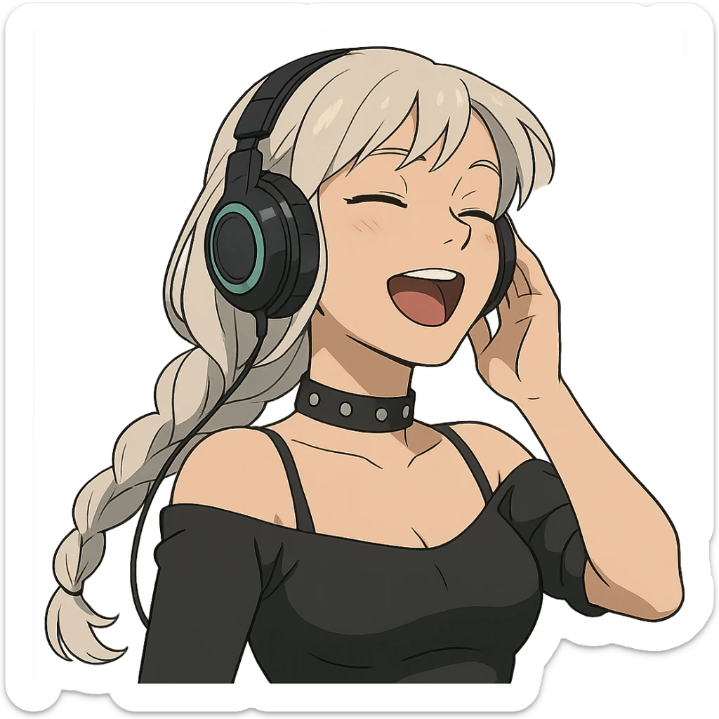 she is listening to music in headphones and JAMMIN!, a closeup portrait of young woman with gold yellow eyes, white hair, long braid, black off-shoulder top d-cup, punk gothic style, futuristic cyberwave cyberpunk,  eyes closed, singing, one hand on the headset sticker
