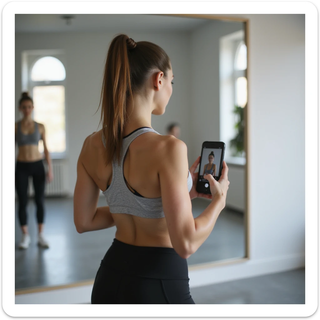 young woman in sportswear, back pose with tied hair, doing video check with smartphone for coach, bright room with large mirror, hyperrealistic details, 4K sticker