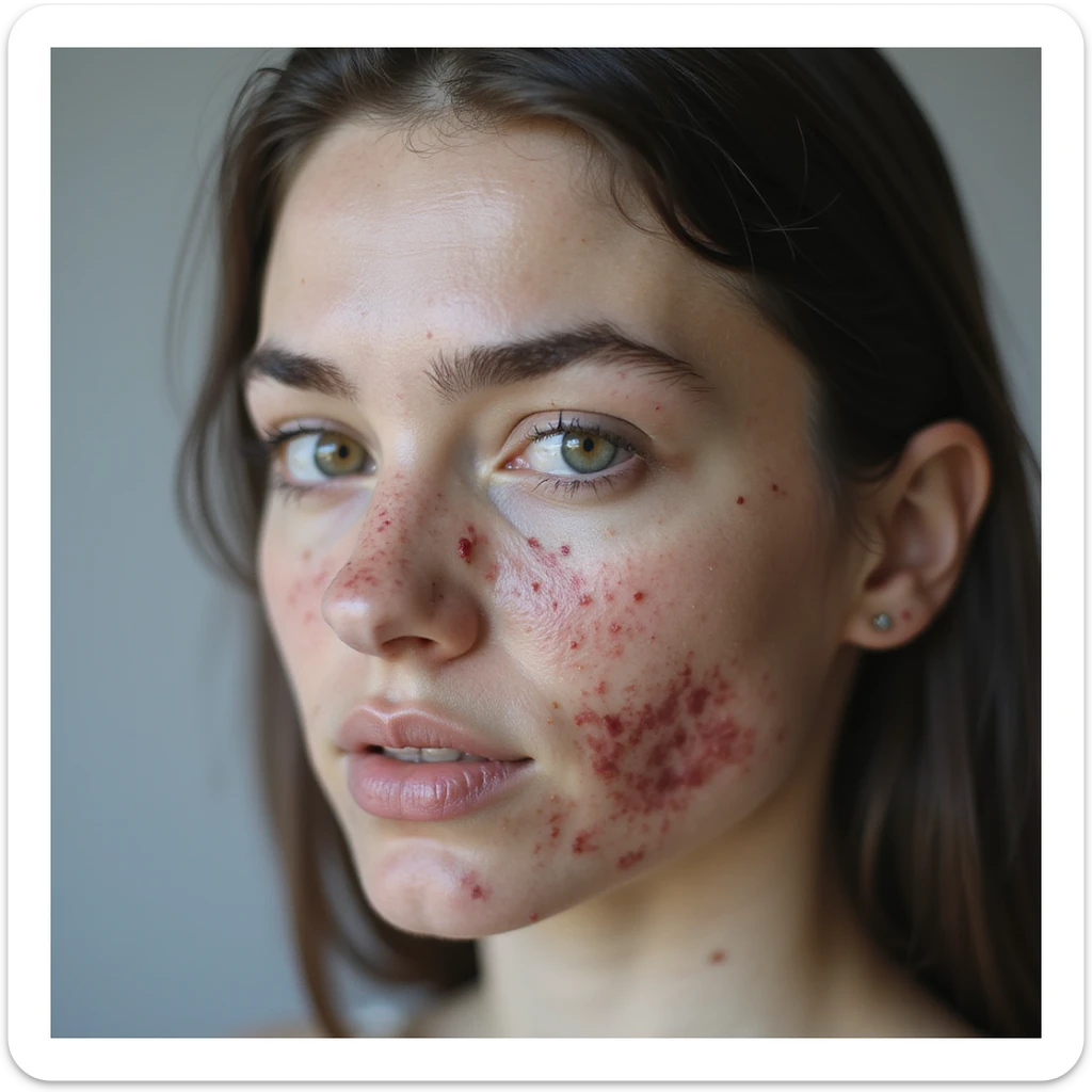 young adult woman with PCOS, face with evident cystic acne on chin and jawline, dark facial hair on upper lip and chin (hirsutism), thinning hair on temples, thick eyebrows, realistic hyperrealistic 4K details, clinical environment sticker