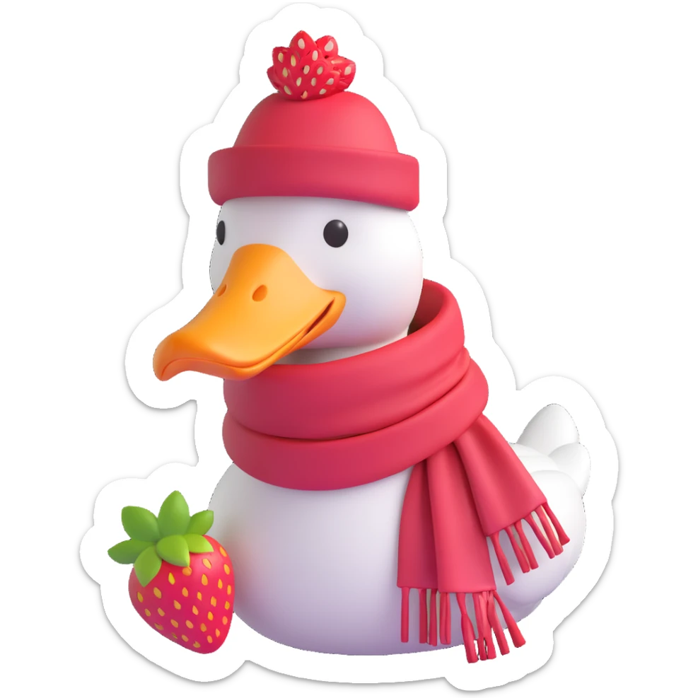 Add more strawberries around the goose wearing a hat and scarf, in 3D iOS emoji style with soft gradients and a glossy finish, no background. sticker