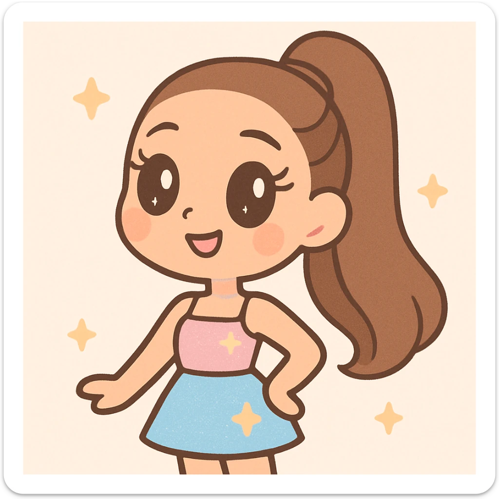 Ariana Grande as a cute cartoon character with signature high ponytail, glamorous makeup, sparkling outfit, pop star vibe sticker