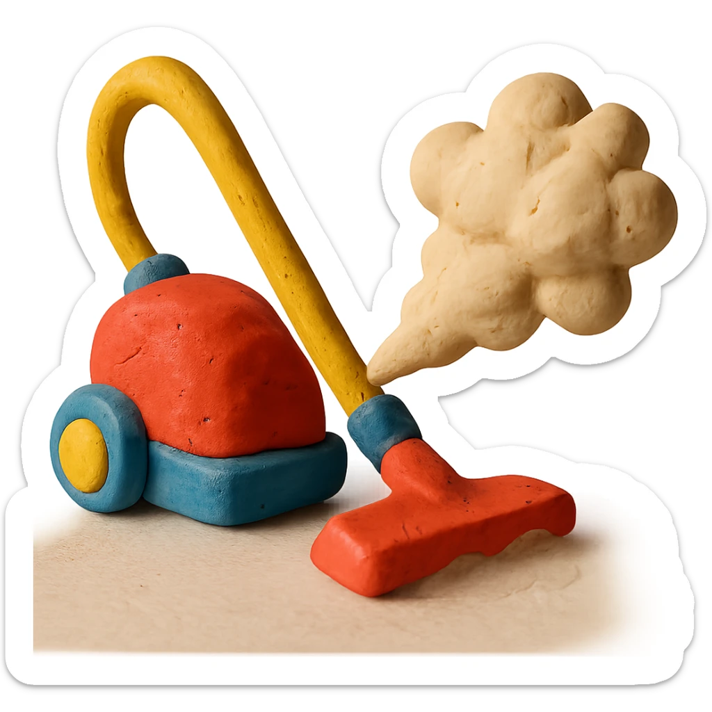 vacuum cleaner with dust cloud in claymation style with matte finish and soft lighting sticker