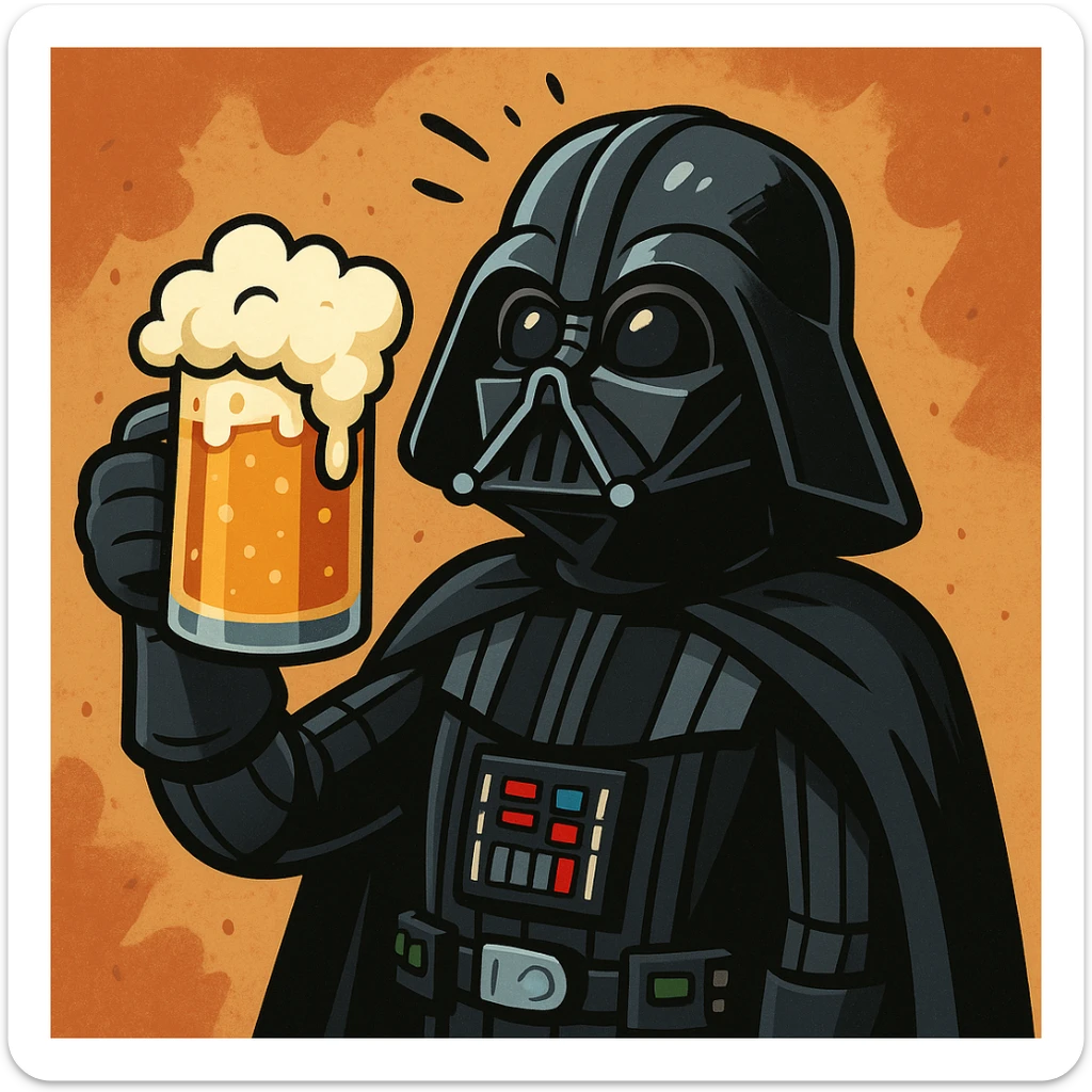 Dark Vador avec une chope de bière mousseuse, style cartoon, ambiance décalée sticker