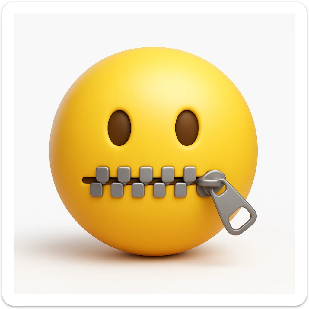 Crea una versione in stile 3D emoji, ispirata a questa immagine: emoji gialla con occhi semplici e bocca chiusa da una cerniera. sticker