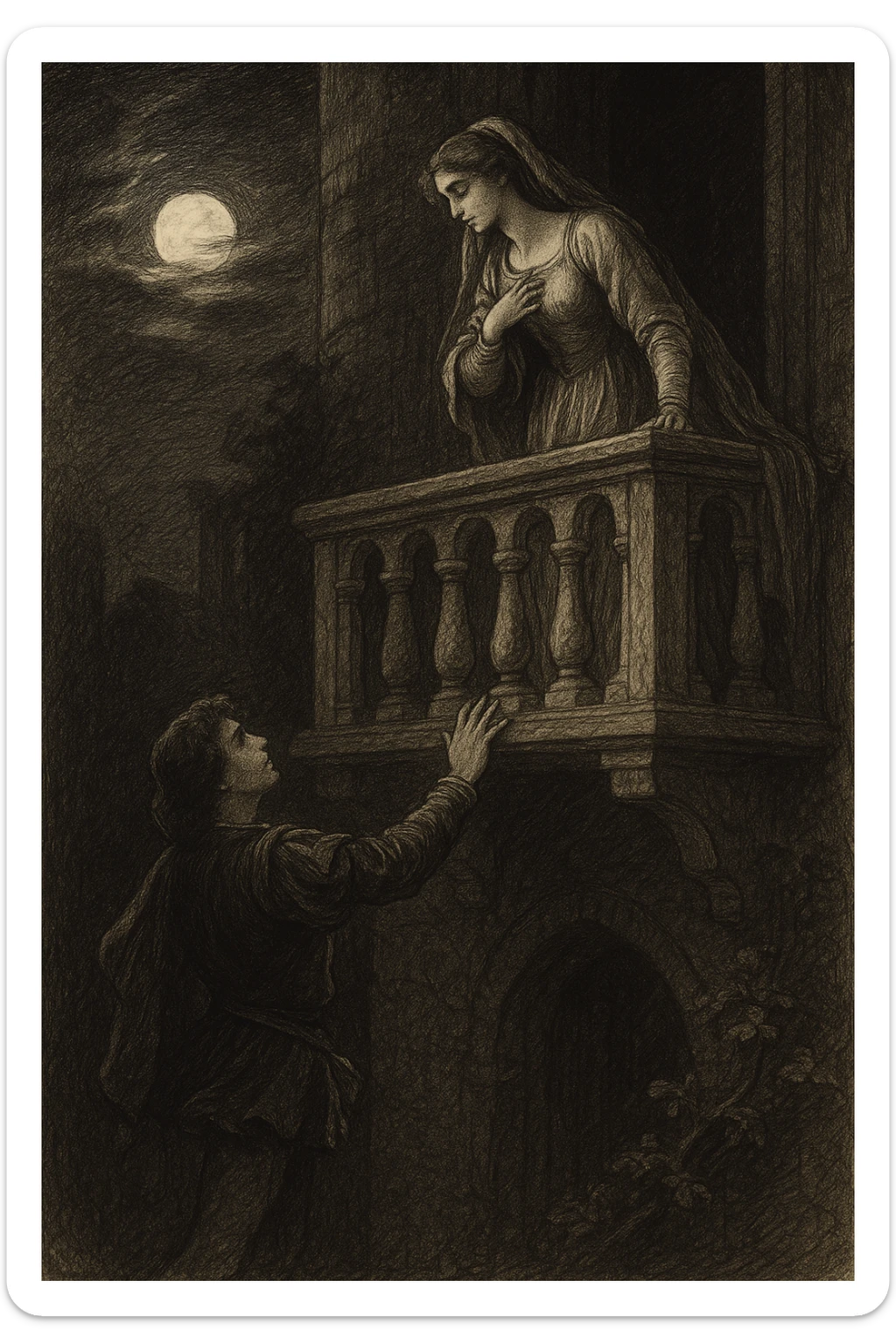 Romeo and Juliet on a balcony at night, Juliet above, Romeo below, moonlit scene, dramatic and passionate, classic illustration style sticker
