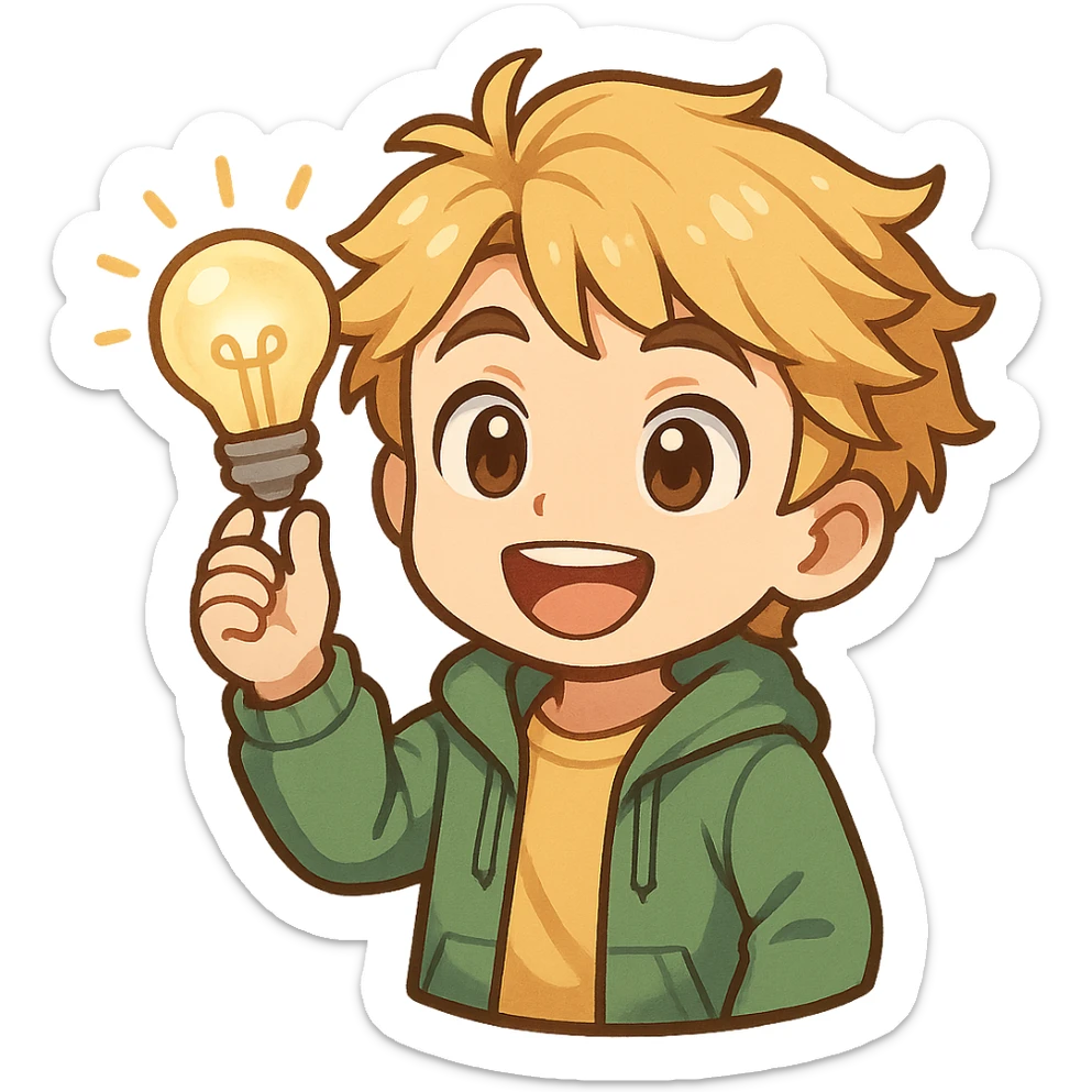 bright and expressive male visionary, fair skin, tousled golden hair, wide joyful eyes, wearing a green hoodie over a yellow tee, one hand raised with a glowing lightbulb, waist-up, front-facing sticker